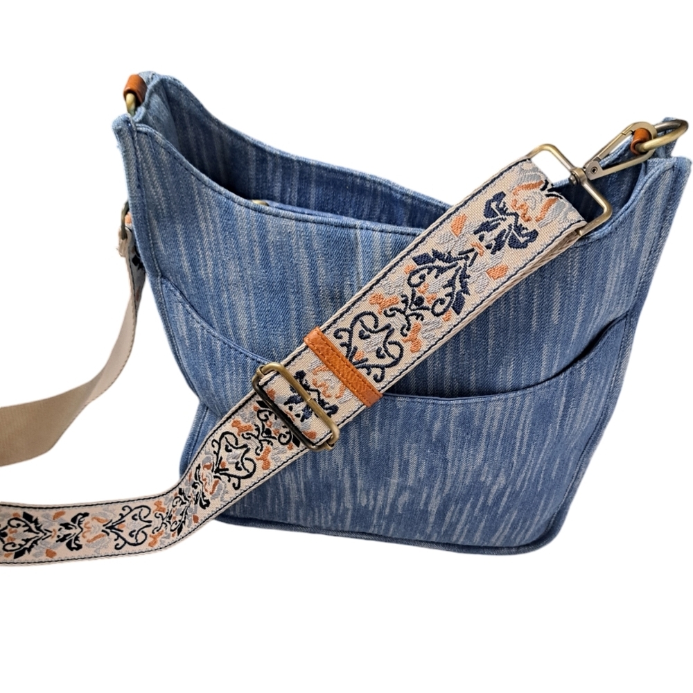 Denim Crossbody Bag with Embroidered Strap - Blue